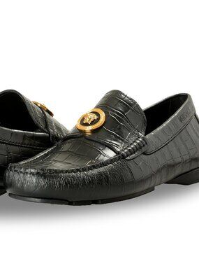 Versace Men's Black Leather Croc Print Medusa Driver Loafers Shoes US 10 IT 43